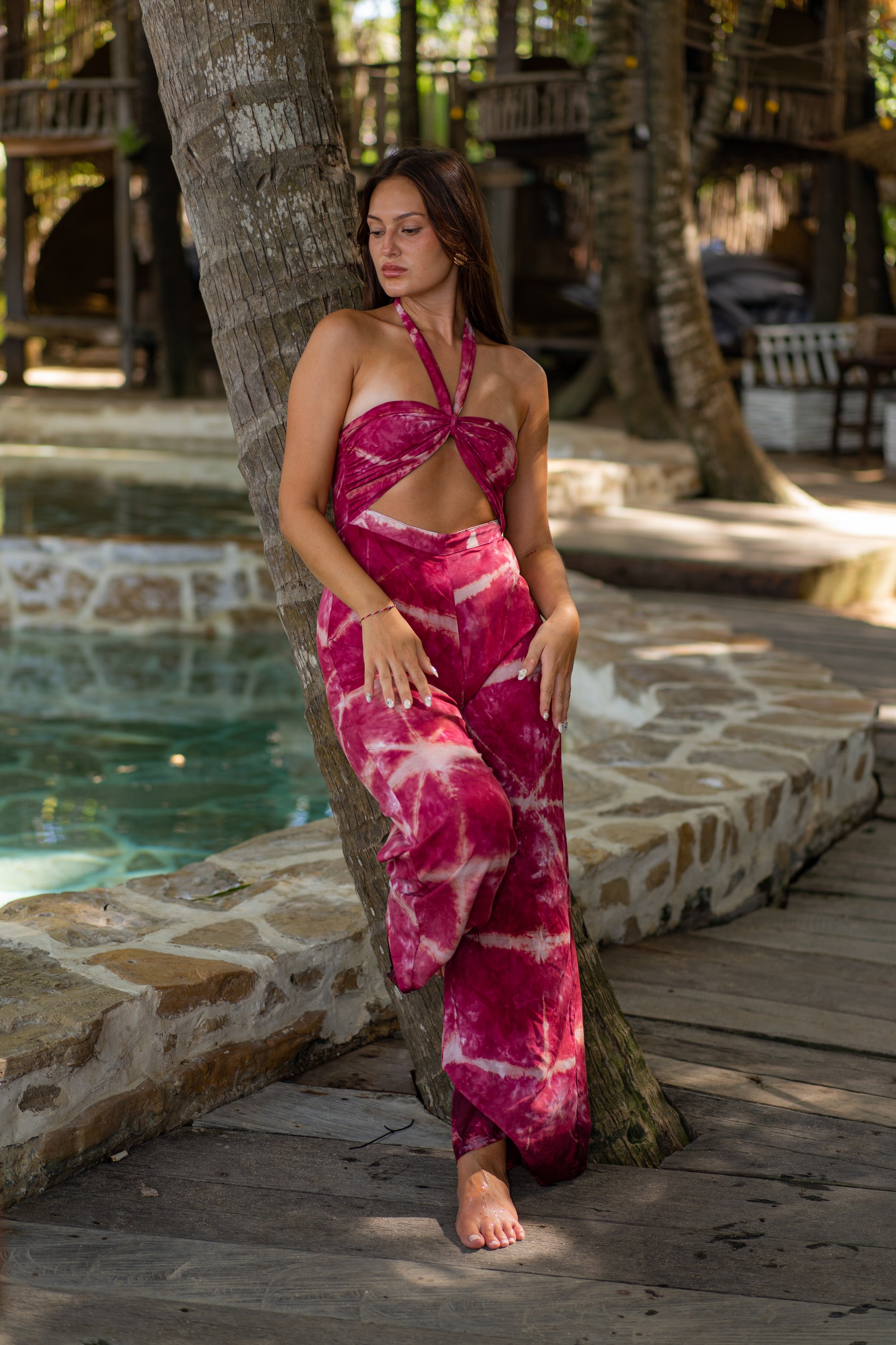 MOSS The Label stylish pink tie-dye jumpsuit with halter neck and cutout detail for women